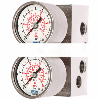 GAUGE MADE OF STAINLESS STEEL 316, STAINLESS STEEL BLOCK, SINGLE-ACTION 1/4-18 NPT, SCALED IN MPA, BAR AND PSI