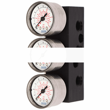 GAUGE MADE OF STEEL, ALUMINIUM BLOCK, DOUBLE-ACTION, 1/4-18 NPT, SCALED IN MPA, BAR AND PSI