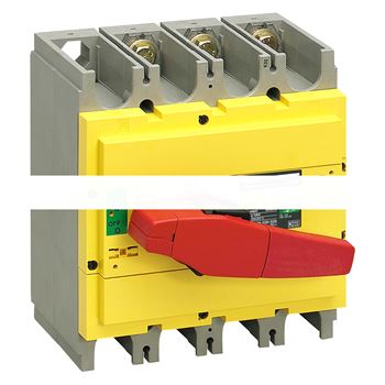 Выключатель-разъединитель INS250 3п красная рукоятка/желтая панель