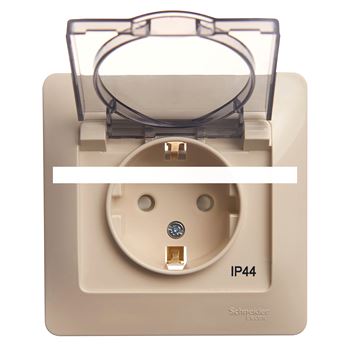 GLOSSA Розетка с заземлением со шторками с крышкой бежевая в сборе IP44