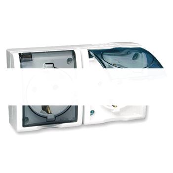 Simon15 Aqua Розетка двойная 2Р+Е Schuko со шторками с крышкой полупр. IP54 16А 250В винт.зажим S15A белый