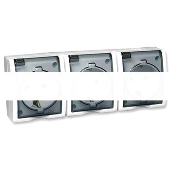 Simon15 Aqua Розетка тройная 2Р+Е Schuko с крышками полупр. IP54 16А 250В винтовой зажим S15A белый