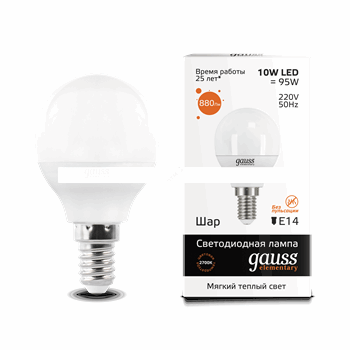 Лампа светодиодная LED 10вт 230в,Е14,теплый, шар Gauss Elementary