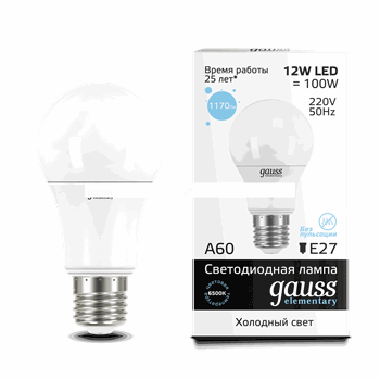 Лампа светодиодная LED 12вт 230в,Е27,дневной, A60 Gauss Elementary