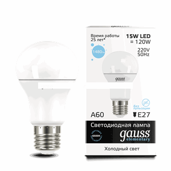 Лампа светодиодная LED 15вт 230в,Е27,дневной, A60 Gauss Elementary