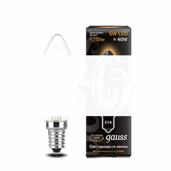 Лампа светодиодная LED 5Вт 230в,E14 Filament теплый,dim свеча Gauss