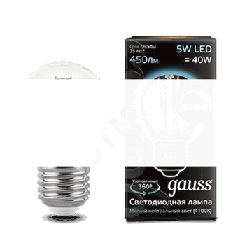 Лампа светодиодная LED 5Вт 230в,E27 Filament белый,dim шар Gauss