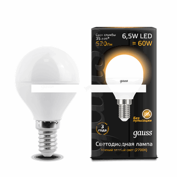 Лампа светодиодная LED 6.5вт 230в Е14 теплый мат.шар Gauss