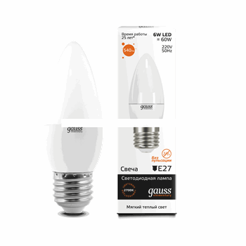 Лампа светодиодная LED 6вт 230в Е27 теплый мат.свеча Gauss