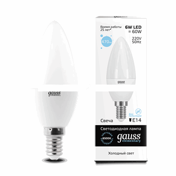 Лампа светодиодная LED 6вт 230в,Е14,дневной, свеча Gauss Elementary