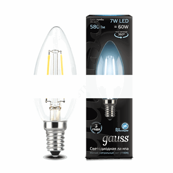 Лампа светодиодная LED 7Вт 230в,E14 Filament белый,свеча Gauss