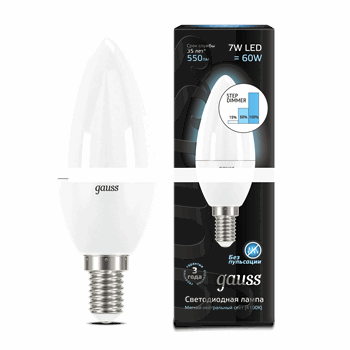 Лампа светодиодная LED                            7вт,230в,Е14,белый,step dim,свеча Gauss