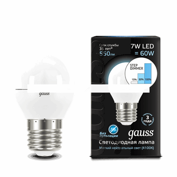 Лампа светодиодная LED                            7вт,230в,Е27,белый,step dim,шар Gauss