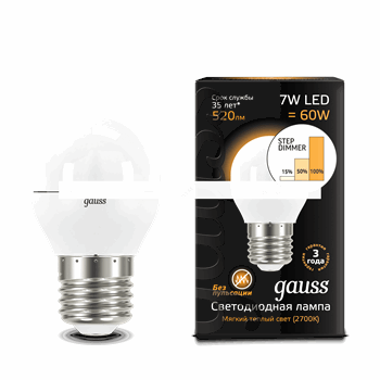 Лампа светодиодная LED                            7вт,230в,Е27,теплый,step dim,шар Gauss