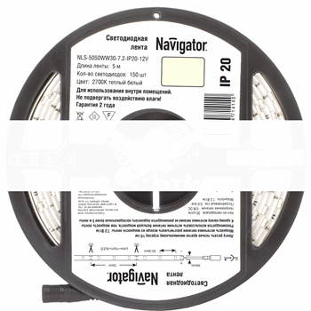 Лента светодиодная LEDх30/м 5м 7.2w/m 12в теплый белый (71414 NLS-5050)